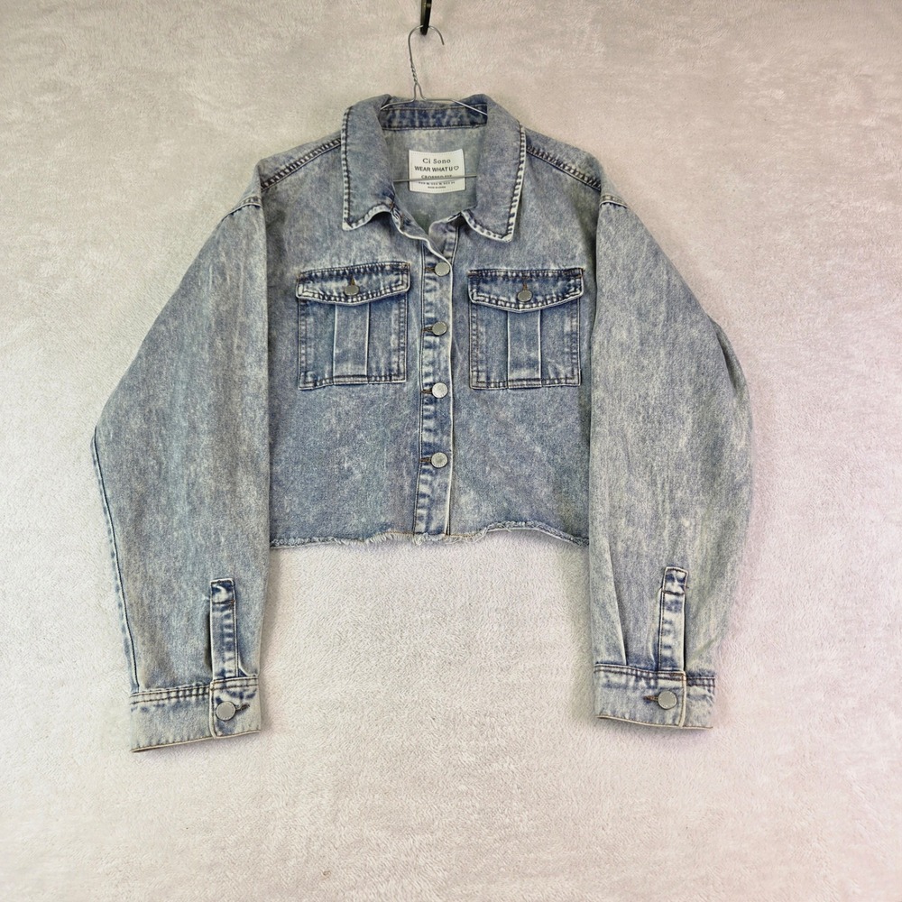 Ci Sono Acid Wash Cropped Denim Jacket Light Blue Distressed Frayed XL